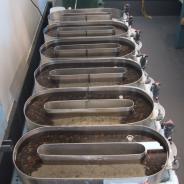 Recirculating 'donuts' for housing Tubifex worms and rainbow trout fry.