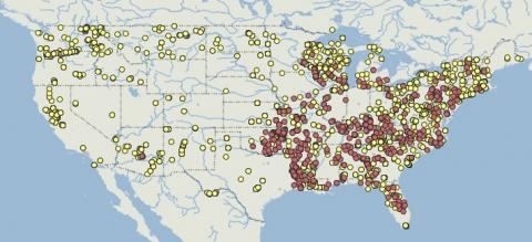 Map showing where largemouth bass virus has been detected.