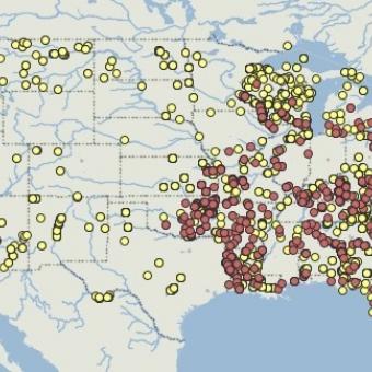 Map showing where largemouth bass virus has been detected.